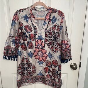 Anthropologie Jade multicolored floral Tunic w Mandarin Collar& tasseled sleeves
